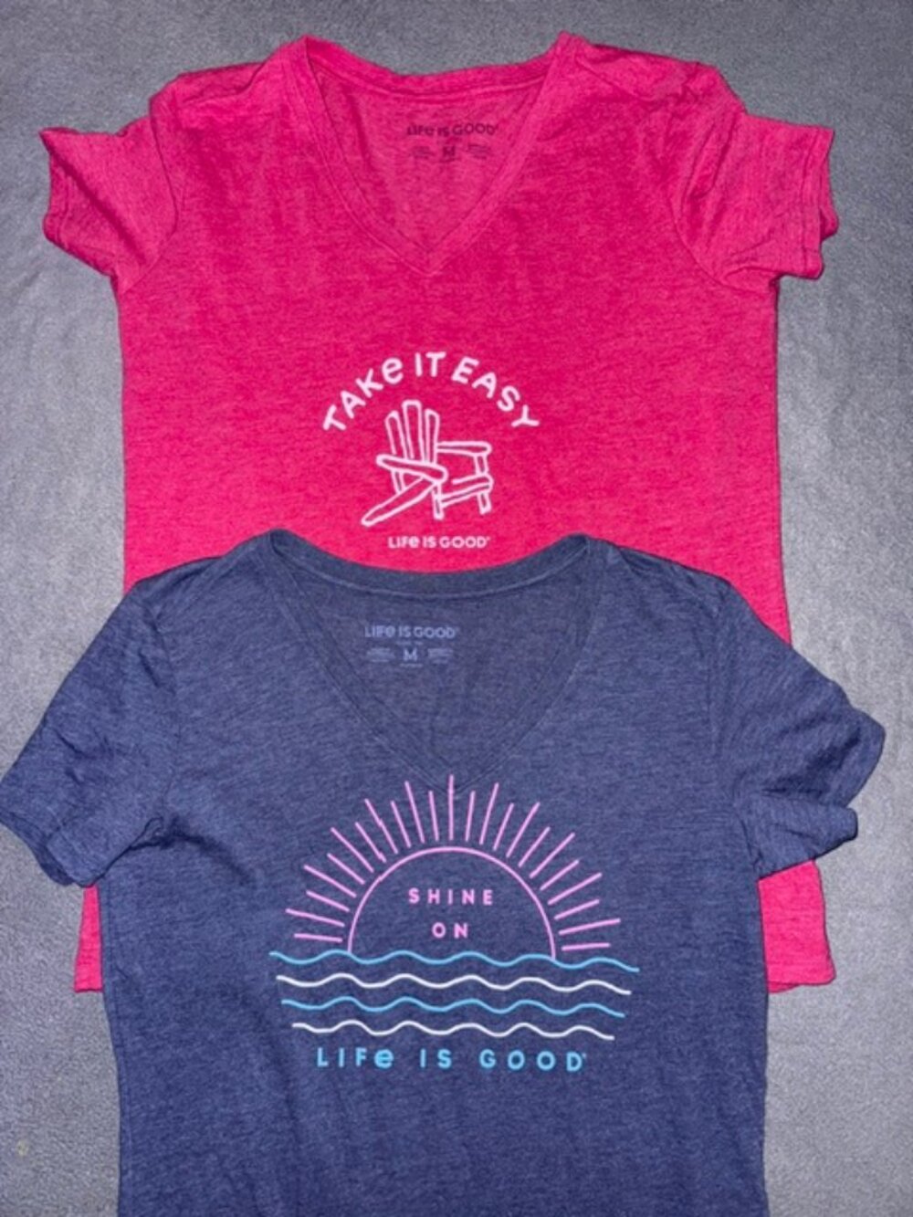 Lot Of 2 Life Is Good Women's V Neck Shirts Outdoor Size Medium Blue Red Graphic